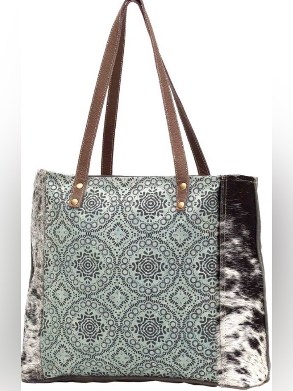 Myra Bag Mint Patterned Tote with Brown Straps and Cowhide Accents
